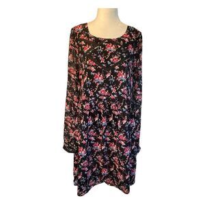 Forever 21 Floral Print Babydoll Mini Dress Black Pink Sheer Long Sleeve XS